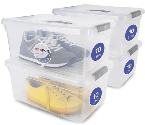 PROFUN Aufbewahrungsbox mit Deckel 10 L – Groß Plastikbox mit Deckel – Stapelboxen – Kisten & Boxen Aufbewahrung Aufbewahrungsbehälter mit Deckel 4-er Set