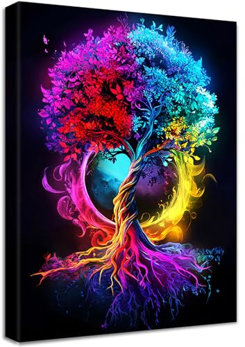 Quadri Moderni Albero della Vita Rosso Blu e Giallo Stampa su Tela Con Cornice Fantasia Astratta Albero della Fortuna Pittura Quadri su tela Decorazioni da Parete Soggiorno Camera da Letto 40x60cm