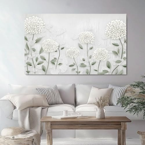 Canvas Wall Art Light Gray, Canvas Wall Art Simple Plant Chrysanthemum And Green Leaves Pictures Home Decorations for Living Room Bedroom Bathroom Office, Painting 100 x 50 cm (Unframed) unframed