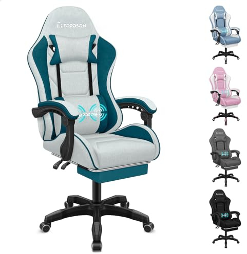 ELFORDSON Gaming Chair with 2-Point Massage Lumbar Support, High Back Reclining Computer Game Chair with Headrest & Footrest, 360° Swivel Office Racing Chair, Fabric,Dark Teal, for Playroom Esports