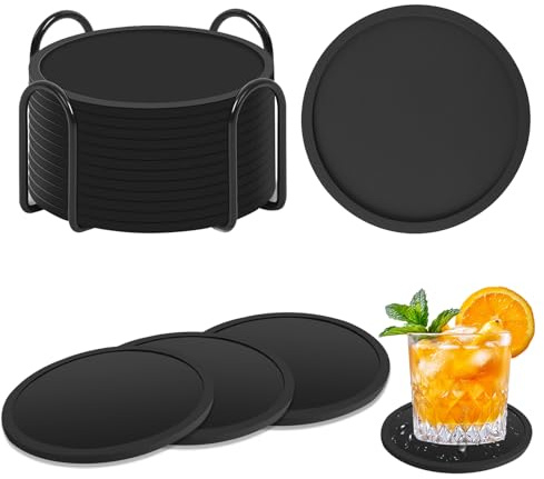 Silikon Untersetzer, 16er Set Getränkeuntersetzer, Untersetzer Gläser in Schwarz mit Halter für Getränke Bars, Cafés, Haus, Party, für alle Arten von Tassen (Schwarz)