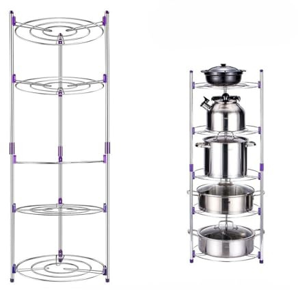 RILOOP Steel 5 Tier Pan and Pot Kitchen Organiser Rack Adjustable Multi-Layer Rack Saucepan Stand Pan Lid Organizer Standing Storage