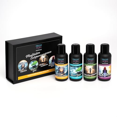 FRESH AURA Saunaaufguss Set – Meditative Entspannungsoase – 4×100 ml natürliche ätherische Öle – Ergibiege und Langanhaltende Saunadüfte - Wellness & Entspannung | Made in Germany