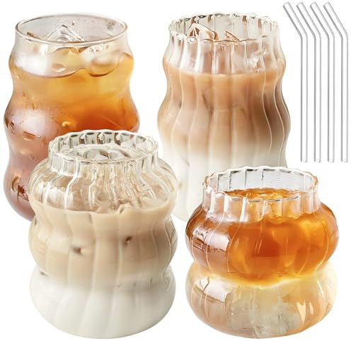 Packool Juego de 4 vasos de vidrio acanalado, vasos de café de cristal ondulado, bonitos vasos de cóctel con popotes para el hogar, bar, fiesta