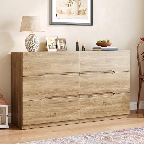 SVEYLXA Kommode mit 6 Schubladen, 120 cm Komodenschrank mit Griffmulden, Moderne Schubladenschrank für Schlafzimmer Wohnzimmer Flur Organizer, Natürliche