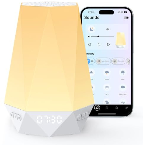 HOMGEN 3 IN 1 Macchina del Rumore Bianco + Sveglia per Bambini + Luce Notturna con 34 Suoni Rilassanti Rumore Bianco Neonato Supporta Controllo Tramite App Trainer del Sonno con Luce Notturna