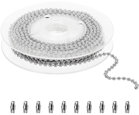 PATIKIL Chaînes de perles à boules, (4,9 m 2,4 mm), chaîne en acier inoxydable 304 pour plaque d'identité chien, porte-clés, rouleau d'extension à perles avec 10 connecteurs de chaîne à boules