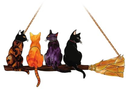 ordinarYone Shatterproof Acrylic Cats and Broom Suncatchers Window Hanging Decors Ornament With Rope For Outdoor Indoor Decoration