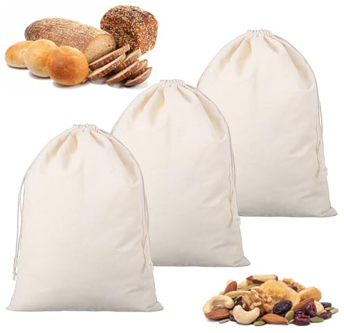 Guduling 3 Pcs Linen Bread Bag,Bread Bags to Keep Breads Fresh,Reusable Cotton Drawstring Bag for Homemade Breads & Freshness Keeping(Khaki, 30 x 40 CM)