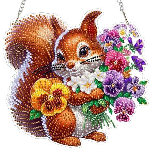MOTGOM Diamond Painting Anhänger Süßes Eichhörnchen, Sonnenfänger Diamond Painting Fensterbilder, Hängendes Ornament Bastelset für Wand und Eingang Dekor 20x20cm