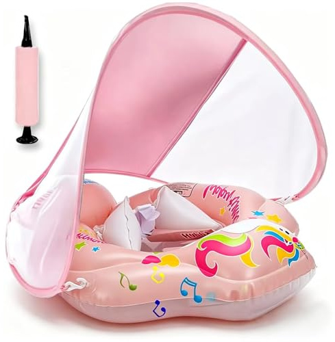 Baby Schwimmring mit Sonnendach Abnehmbaren,Schwimmring mit Sonnenschutz Verstellbare,Schwimmtrainer,Aufblasbarer Schwimmreifen Baby,Schwimmtrainer Float für ab 3-36 Monate