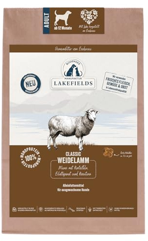 Lakefields Classic Hundefutter trocken | Lamm 60% | 2,5kg | Getreidefreies Trockenfutter für ausgewachsene Hunde | Zutaten in Lebensmittelqualität | Heidelbeeren, Äpfel & Spinat | Schonend gebacken