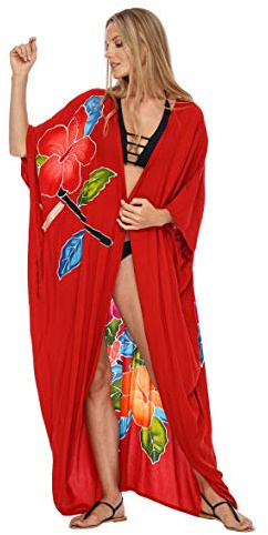 SHU-SHI - Kimono para mujer - Ideal para la playa - Estampado floral - Talla única - Rojo