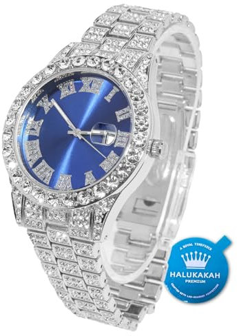 Halukakah Diamant Golduhr, Herren Platin Weiß Vergoldet 42MM Breite Blau Wählen Quarz Armband 24cm, mit Geschenkbox