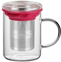 TEA SHOP - All in One Mug Berry - Tasse en verre résistant à la chaleur avec infuseur en acier inoxydable et couvercle - 400 ml - Fuchsia