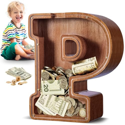 Summidate Wooden Letter Piggy Bank for Kids Adults, 12 P Clear Money Bank
