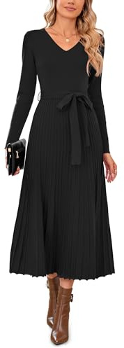 Arach&Cloz Women's Green Solid V-Neck Long Sleeve A-Line Midi Dress