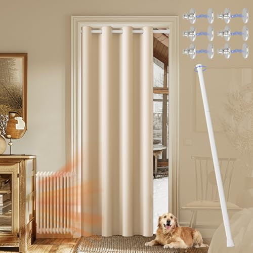 JCyh Tenda per Porta con Bastone Tenda Estensibile, 1 Pezzo 132x210cm Tende Termiche Isolanti per Interni, Tende Oscuranti con Anelli per Soggiorno/Cameretta/Cucina, Beige