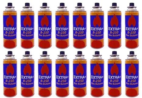 DISPAU Pack de Cartuchos de Gas Butano 220g, 100% Butano Puro, para Hornillos, Quemadores y Cocinas Portátiles, con Válvula de Seguridad (16 BOMBONAS)