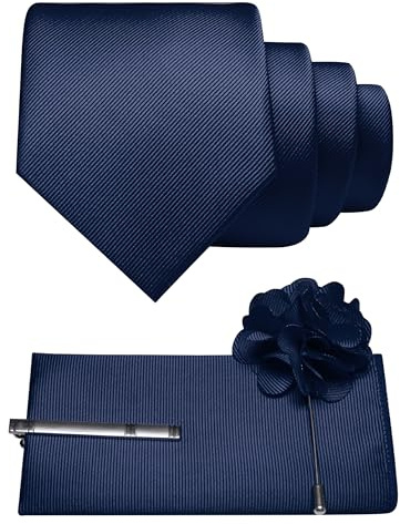 JEMYGINS Formal Necktie Navy Blue Tie and Pocket Square with Tie Clip Lapel Pin Sets for Men(7)