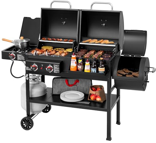 Grills House 2-Burner Gas and Charcoal Grill Combo with Offset Smoker & Side Burner, 34,000 BTU Dual Fuel Grill, 1020 Sq. In. Cooking Area, Ideal for Outdoor Cooking, Black, ZH3005Y-SC