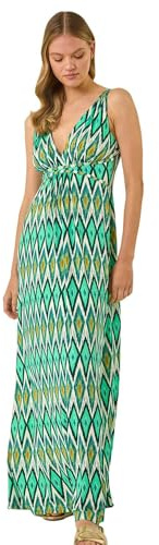 Roman Originals Maxi Dress for Women UK Ladies Twist Knot Front Empire Waist Summer Party Casual Holiday Bohemian Beach Cruise Evening Long Sleeveless V Neck Jersey - Green Geometric - Size 12