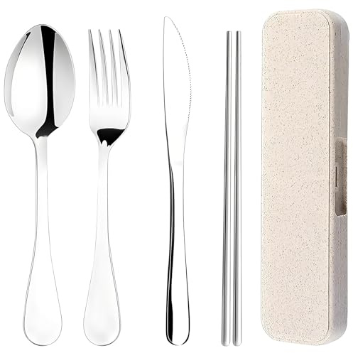 5 Pcs Travel Cutlery Set with Case, Reusable Knife Fork Spoon Set, Picnic Cutlery and Spoons Cutlerys Ideal for on The go use During Camping und Office or Picnic Activities (Wheat Color) ﻿
