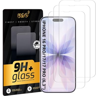 UNO' 3 st skärmskydd för iPhone 16Pro/17/17Pro (6,3 tum), 9H HD härdat glas, anti-fingeravtryck, reptåligt, kompatibelt med fodral, enkel installation.