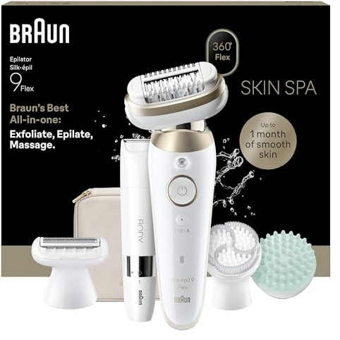 Braun Silk·épil 9 Flex SkinSpa Epilierer Damen, All-in-One Set mit 360° Flexiblem Kopf für eine Einfache Haarentfernung, Nass & Trocken, Langanhaltend Glatte Haut mit Körpertrimmer — 9-481 3D, Gold