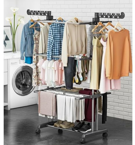 Casabella 4-Tier Foldable Clothes Airer, Large Indoor Drying Rack Tower with Wheels, Sturdy Stainless-Steel Clothes Horse for Laundry Room & Bedroom, 75x64x170cm