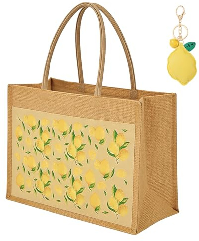 QijAOPD Zitronen Geschenke Jutebeutel mit Zitronen Muster, Stoffbeutel Einkaufstasche mit Schlüsselanhänger, Zitrone Tragetasche für Damen Alltag Shopping Reise Picknick Geschenkidee