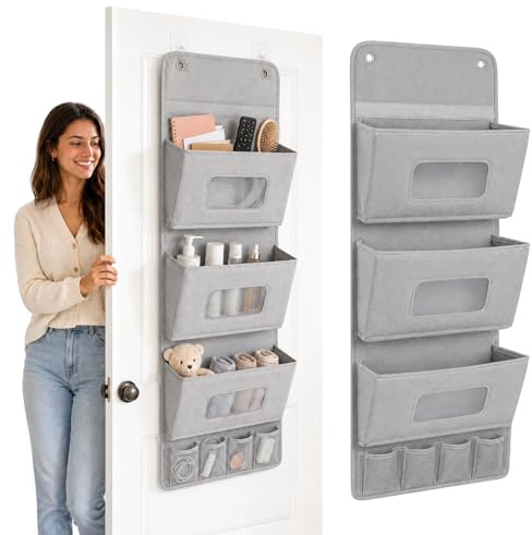Gyism Faltbarer Hängeorganizer 3-Schichten, 40x90cm Tür Organizer Wasserfeste Hängeaufbewahrung mit 2 Haken ohne Bohren für Badezimmer, Kleiderschrank & Türhinterseite (Grau)