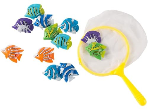 BLUE PANDA Pool Diving Toys (13-Pieces) - Underwater Toys for Kids, Diving, Catching Games - Includes 12 Fish and 1 Catching Net