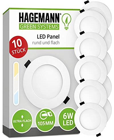 HAGEMANN® 10 x LED Panel rund 6 Watt 570lm – Ø 105mm Bohrloch – 230V Deckenspot LED flach