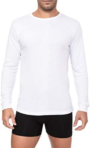Camiseta Interior Térmica Algodón Manga Larga Hombre Cuello Redondo Colores Lisos (Blanco, S)