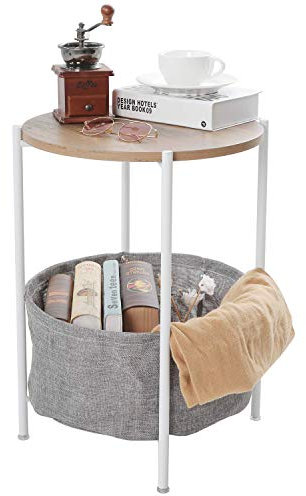 Runder Beistelltisch mit Tablett, Metall-Beistelltisch für Wohnzimmer, Nachttisch, moderne Möbel (weiß (Aufbewahrungskorb))