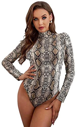 Ladies Long Sleeve Turtleneck Bodysuit Sexy Leopard/Snake Pattern Bodysuit Body Tops Mesh Leotard Bodycon Rompers Jumpsuit Overalls Sexy Underwear Tops (M,Snake Pattern)