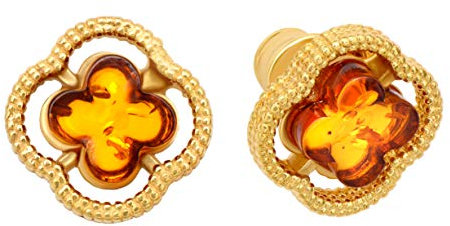 ANDANTE Premium Collection - Echter OSTSEE Bernstein Ohrstecker Ohrringe in 925 Sterling Silber 14K Gold ** Kleeblatt ** Zertifiziert - Gold des Meeres - Farbe COGNAC