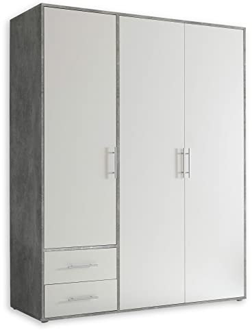Stella Trading Kleiderschrank in Beton Optik, Weiß - Vielseitiger Drehtürenschrank 3-türig mit viel Stauraum für Ihr Schlafzimmer - 155 x 195 x 60 cm (B/H/T)
