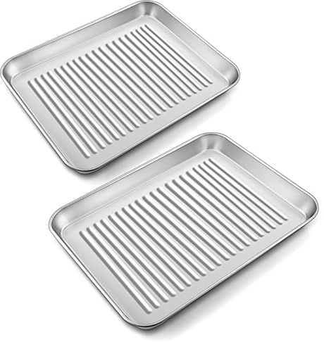 P&P CHEF 9 x 7 x 1 Inch Mini Toaster Oven Pan, Stainless Steel Small Baking Pan Oven Tray for Cooking & Roasting, Corrugated Bottom, Healthy & Sturdy, Dishwasher Safe - 2Pcs