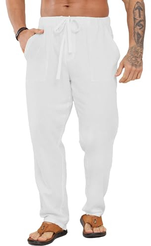 LVCBL Pantalones largos de lino para hombre, pantalones de verano anchos con cordón, pantalones de yoga con bolsillos, aireados, protección solar, pantalones de playa, Blanco, XXL