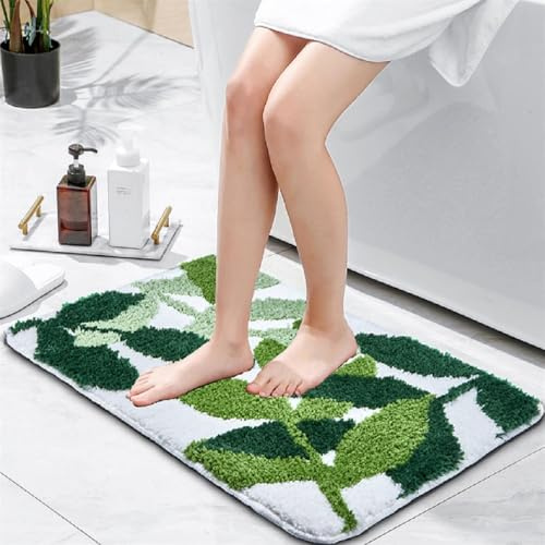 Baahrnom Hoja Verde Alfombras de Baño 44x61cm, Alfombras de Baño Antideslizantes Extra Suaves Lavables Alfombras de Hoja Linda Tufted Durable y Super Absorbente para Cocina Dormitorio Inodoro