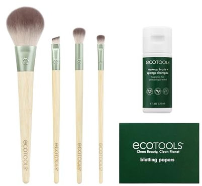 EcoTools Kit Merry Must-Haves, set regalo da 6 pezzi, pennelli per trucco viso e ombretto, shampoo e detergente per pennelli, carta assorbente per trucco opaco, ecologico, set regalo da 6 pezzi