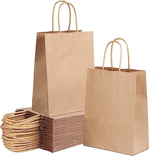 Deliex delicias de Extremadura, 100 Bolsas de papel kraft grandes con asas 32 x 41 x 11 cm bolsas para regalos. Bolsas para comercios de papel biodegradable, reutilizables (Marrones)