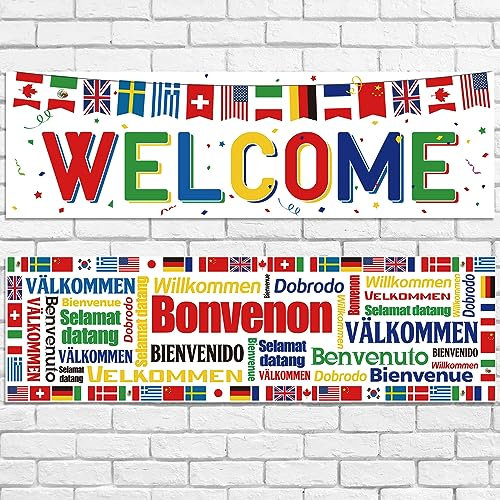 Panelee 2 Bannières de Welcome Internationales 35 x 110 cm Décorations de Bannières de Drapeaux de Pays du Monde en Polyester pour Événements Sportifs Club Anniversaire Salle de Classe (Blanc)