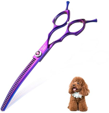 JASON 7.5 Curved Chunkers Shears - Professional Dog Scissors for Grooming, Japanese 440C Stainless Steel Blender Shears with Diamond Adjustable Screw (35 Teeth, Purple) Christmas Gift