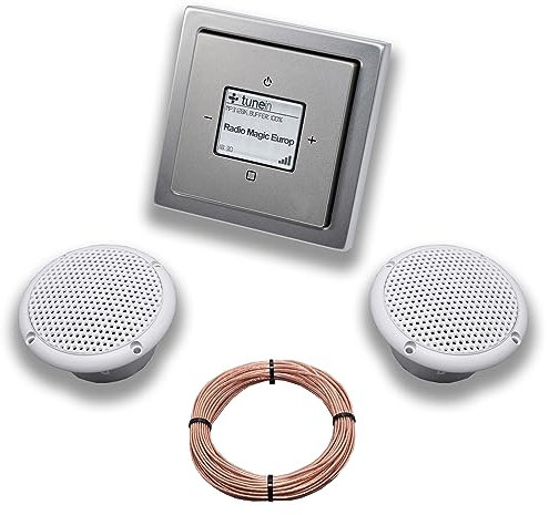 Busch Jäger iNet Internet Unterputz Radio 8216U PUR Edelstahl, Komplett-Set mit 2 x Decken Feuchtraumlautsprecher/Badezimmer + 20 m Lautsprecherkabel 2x0,75 mm2 8216 U Internetradio