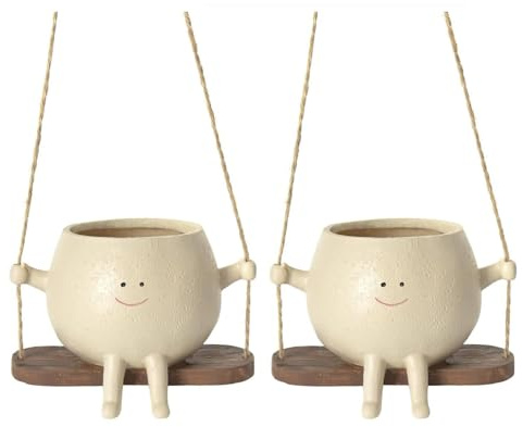 Jardinière à Suspendre Intérieur Extérieur, 2 Pot de Fleurs en Résine avec Visage Sourire et Balançoire, Pot de Fleur pour Cactus Succulentes, Décoration Murale pour Maison Bureau Balcon Jardin