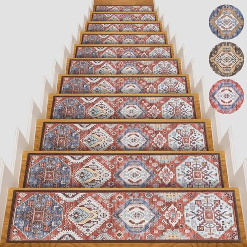 Non-Slip Carpet Stair Treads for Wooden Steps Indoor Set of 15 Pack 8 X 30 Peel and Stick Reusable Staircase Stair Runners Rugs, Soft Safety for Dogs, Kids & Elders, Stairway Grip, Red