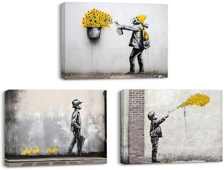 PIY PAINTING Quadri su Tela - Graffiti di Strada Quadri Moderni Dipinto su Sfondo Grigio, Stampata su Tela Incorniciato - Decorazioni Murale Tela Wall Art per Cucina Soggiorno - 3 Pezzi 58x40cm